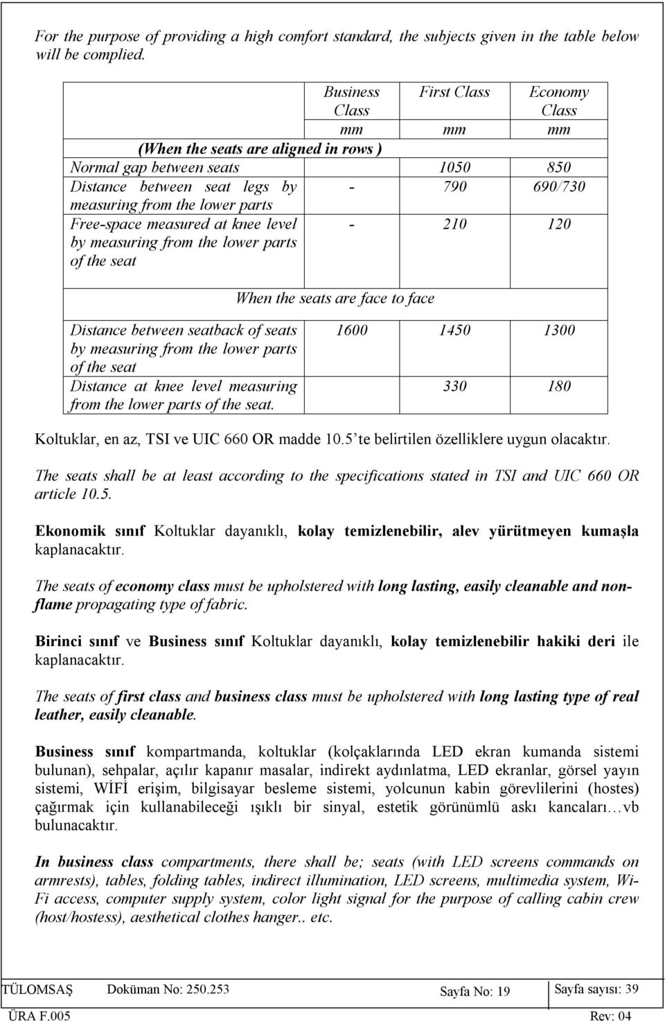 Free-space measured at knee level by measuring from the lower parts of the seat - 210 120 When the seats are face to face Distance between seatback of seats by measuring from the lower parts of the