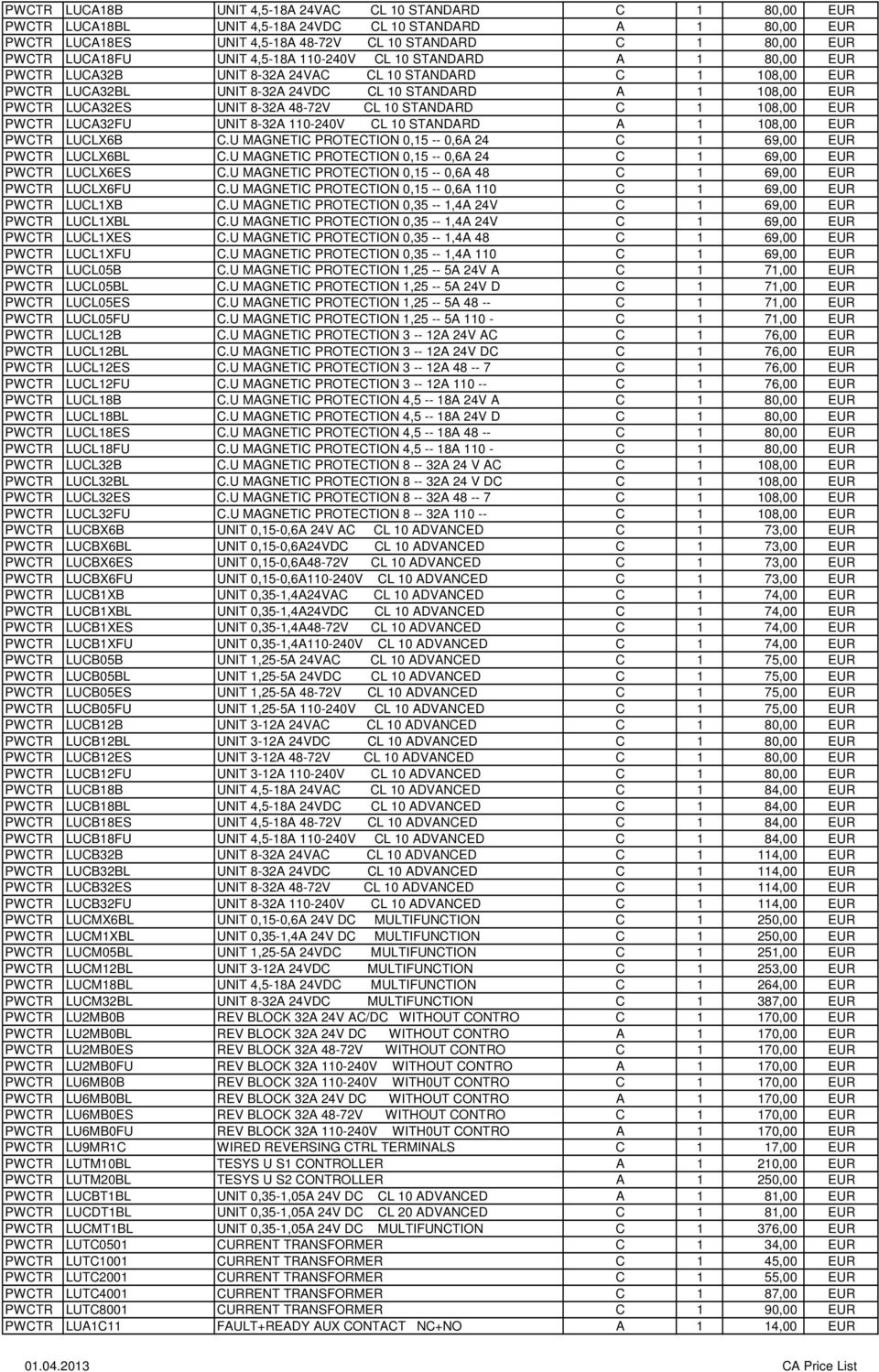 UNIT 8-32A 48-72V CL 10 STANDARD C 1 108,00 EUR PWCTR LUCA32FU UNIT 8-32A 110-240V CL 10 STANDARD A 1 108,00 EUR PWCTR LUCLX6B C.U MAGNETIC PROTECTION 0,15 -- 0,6A 24 C 1 69,00 EUR PWCTR LUCLX6BL C.
