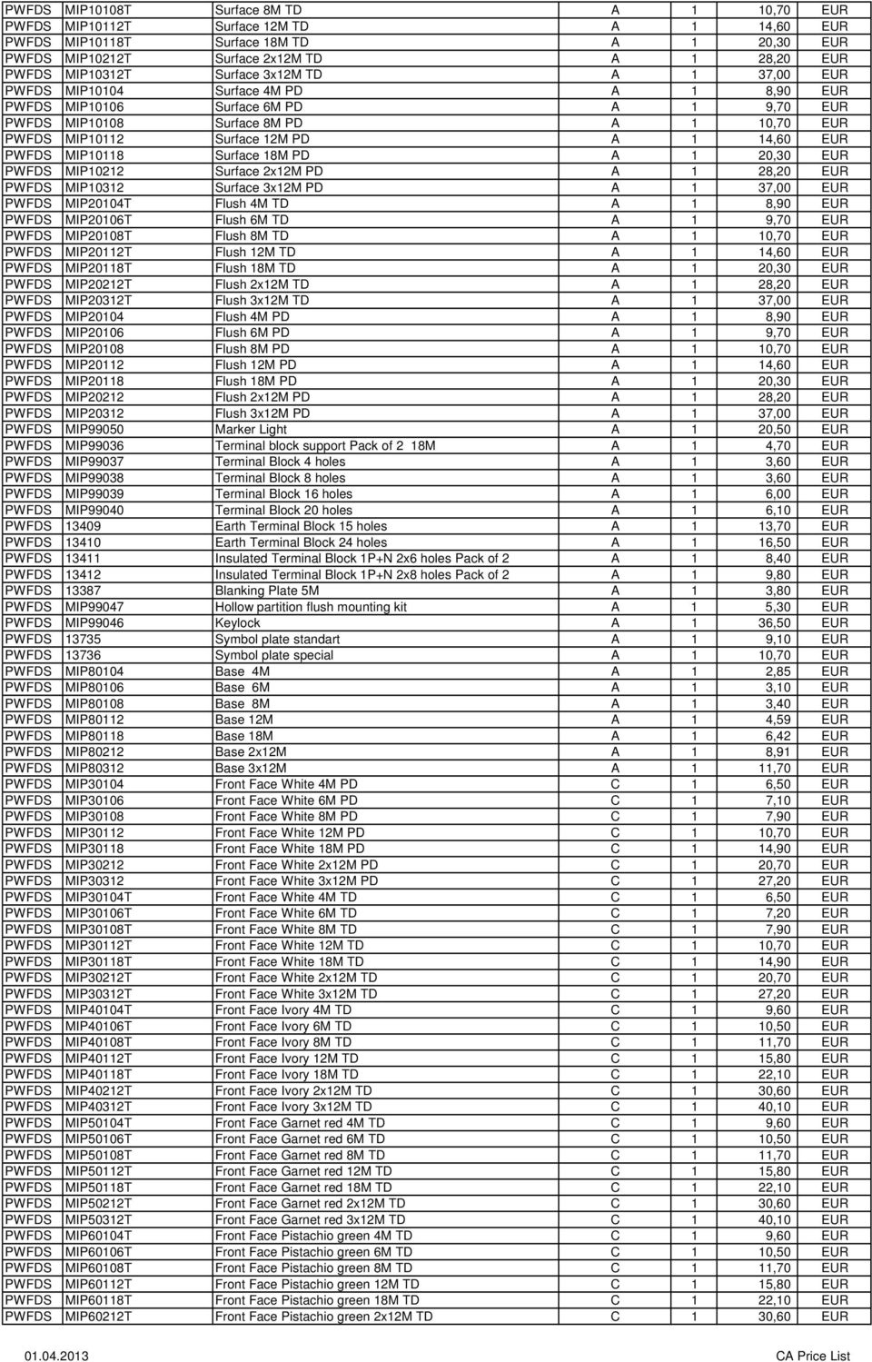 EUR PWFDS MIP10118 Surface 18M PD A 1 20,30 EUR PWFDS MIP10212 Surface 2x12M PD A 1 28,20 EUR PWFDS MIP10312 Surface 3x12M PD A 1 37,00 EUR PWFDS MIP20104T Flush 4M TD A 1 8,90 EUR PWFDS MIP20106T