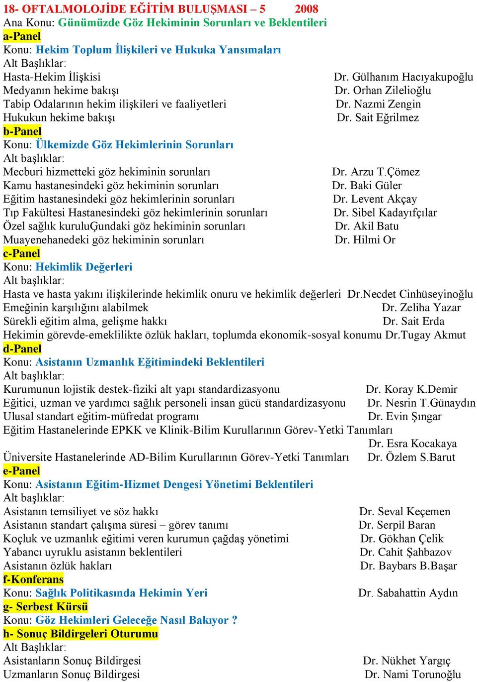 Orhan Zilelioğlu Dr. Nazmi Zengin Dr. Sait Eğrilmez Dr. Arzu T.Çömez Kamu hastanesindeki göz hekiminin sorunları Dr. Baki Güler Eğitim hastanesindeki göz hekimlerinin sorunları Dr.