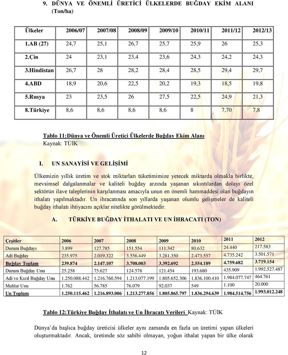 Türkiye 8,6 8,6 8,6 8,6 8 7,70 7,8 Tablo 11:Dünya ve Önemli Üretici Ülkelerde Buğday Ekim Alanı Kaynak: TÜİK I.