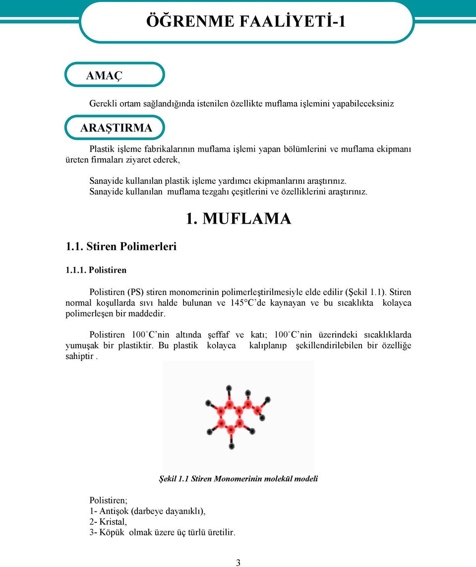 1. Stiren Polimerleri 1.1.1. Polistiren ÖĞRENME FAALİYETİ-1 1. MUFLAMA Polistiren (PS) stiren monomerinin polimerleştirilmesiyle elde edilir (Şekil 1.1).