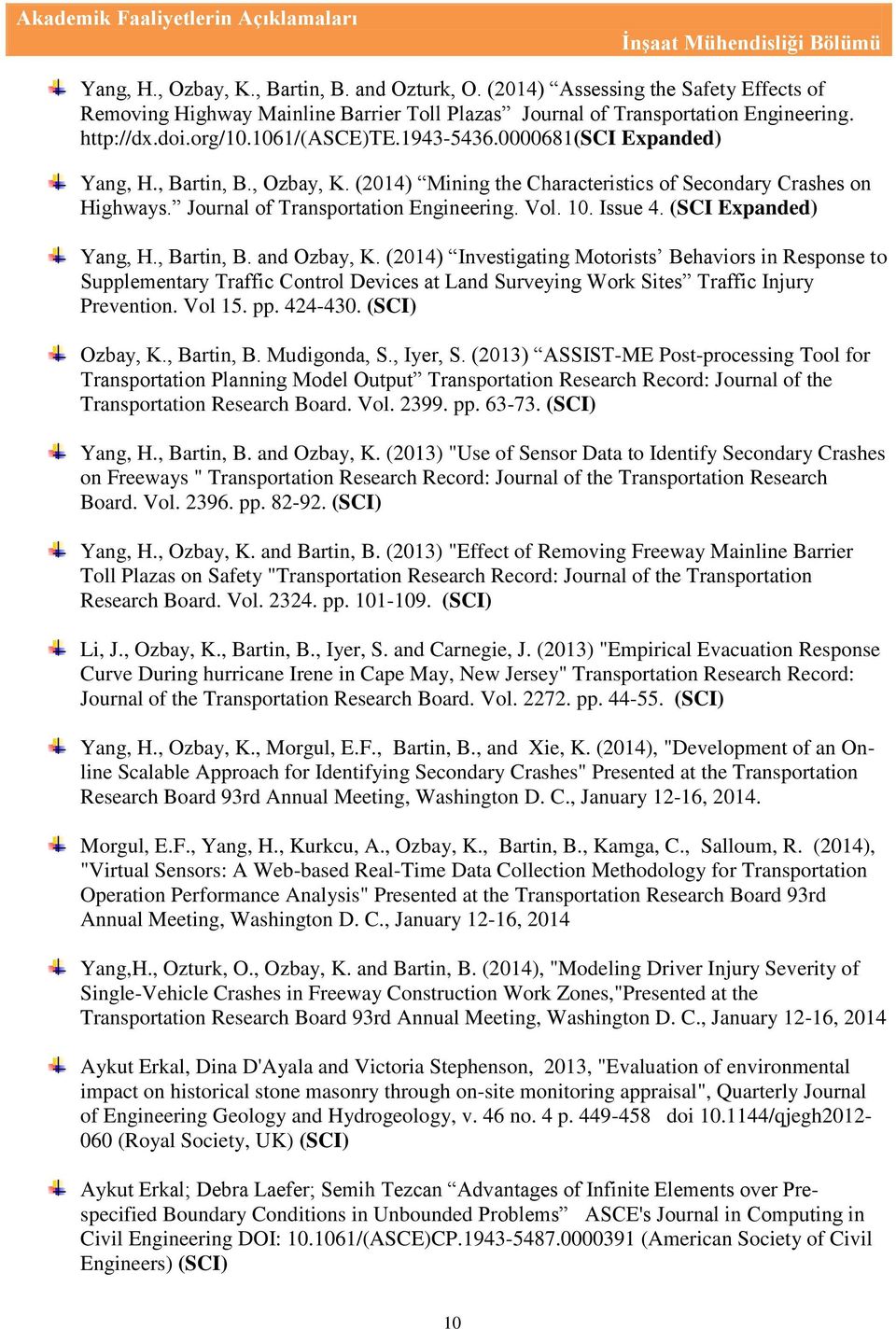 , Bartin, B., Ozbay, K. (2014) Mining the Characteristics of Secondary Crashes on Highways. Journal of Transportation Engineering. Vol. 10. Issue 4. (SCI Expanded) Yang, H., Bartin, B. and Ozbay, K.