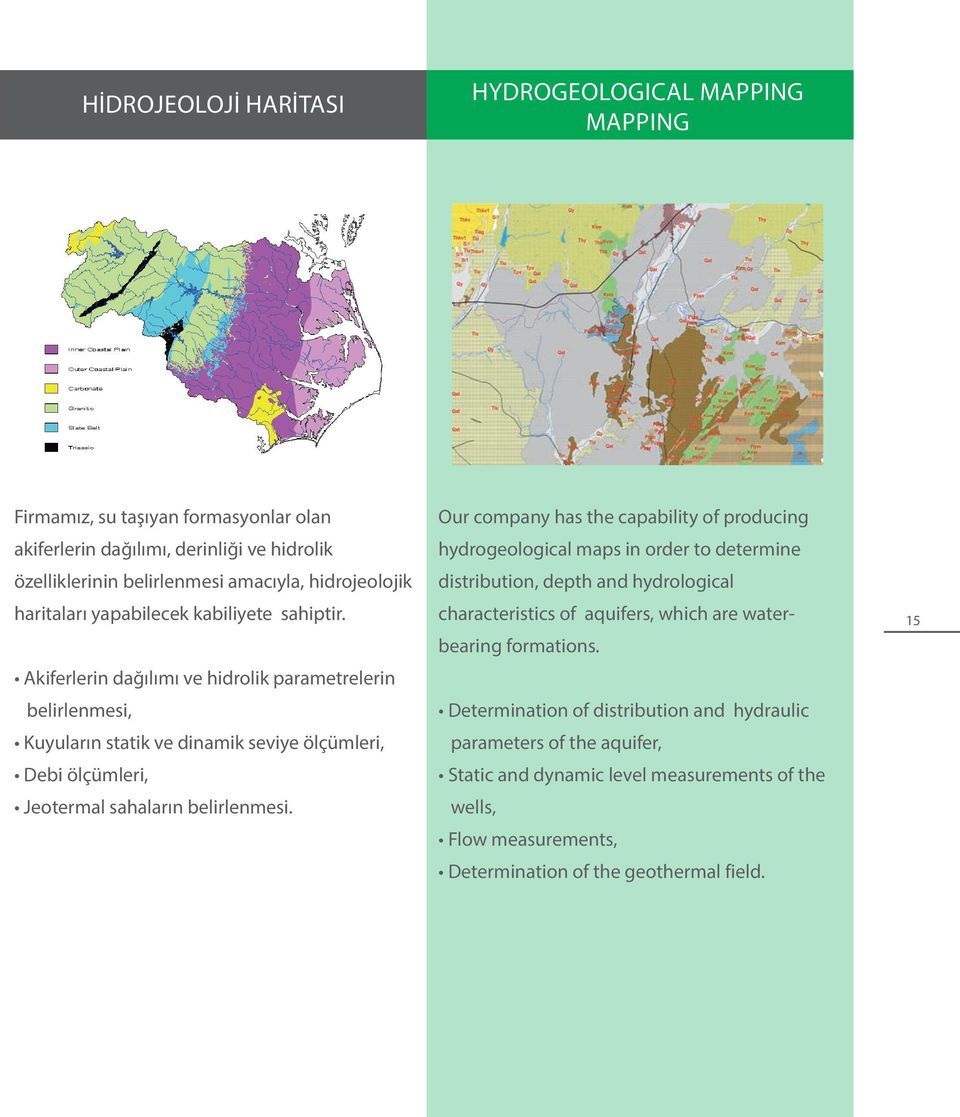 Akiferlerin dağılımı ve hidrolik parametrelerin belirlenmesi, Kuyuların statik ve dinamik seviye ölçümleri, Debi ölçümleri, Jeotermal sahaların belirlenmesi.