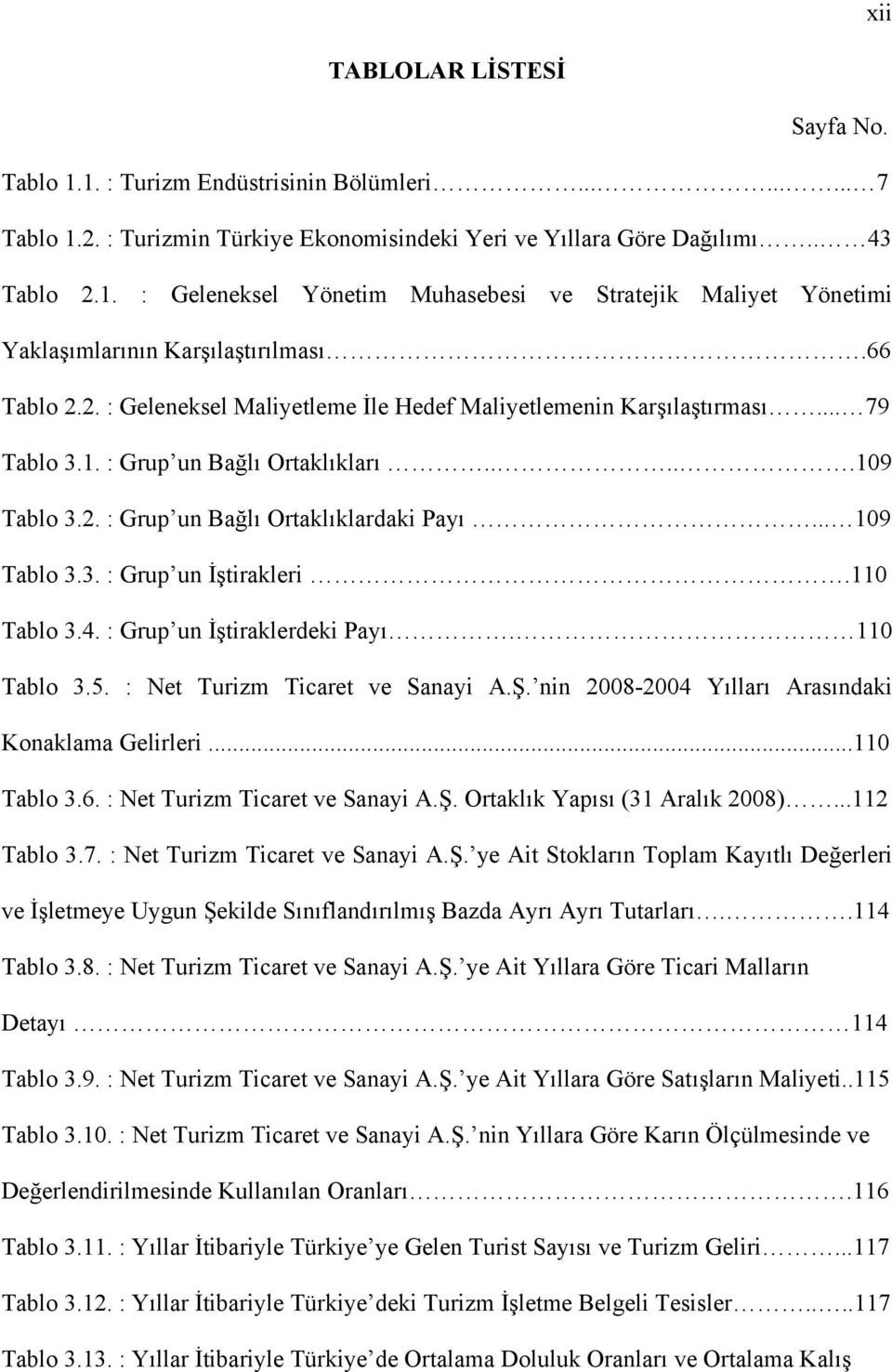 110 Tablo 3.4. : Grup un İştiraklerdeki Payı. 110 Tablo 3.5. : Net Turizm Ticaret ve Sanayi A.Ş. nin 2008-2004 Yılları Arasındaki Konaklama Gelirleri...110 Tablo 3.6. : Net Turizm Ticaret ve Sanayi A.Ş. Ortaklık Yapısı (31 Aralık 2008).