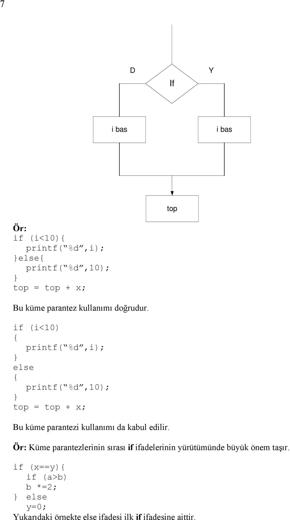 if (i<10) printf( %d,i); else printf( %d,10); top = top + x; Bu küme parantezi kullanımı da kabul