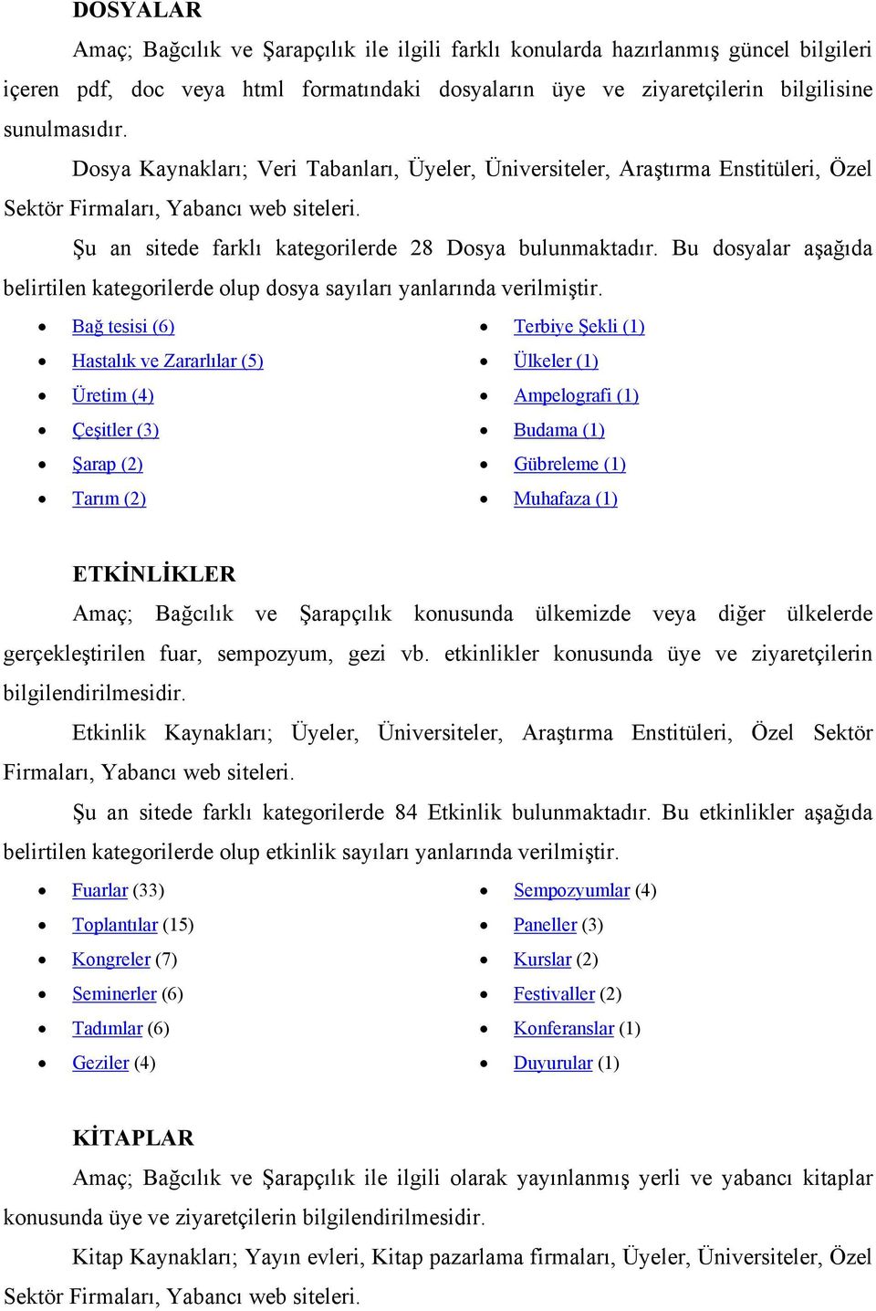 Bu dosyalar aşağıda belirtilen kategorilerde olup dosya sayıları yanlarında verilmiştir.