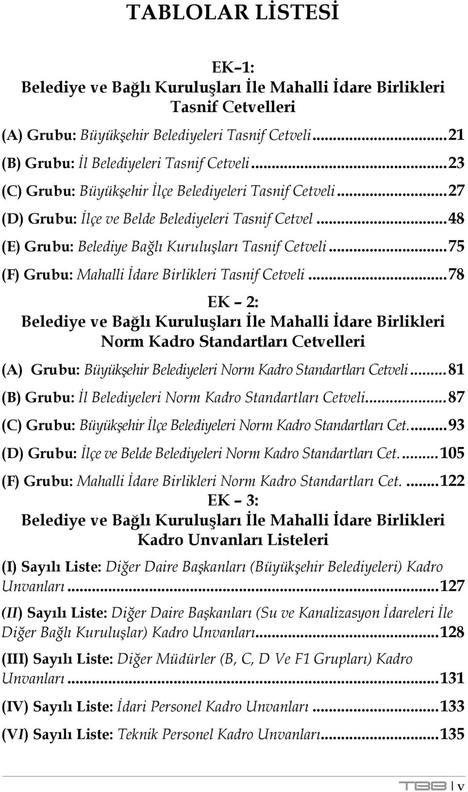 .. 48 (E) Grubu: Belediye Bağlı Kuruluşları Tasnif Cetveli... 75 (F) Grubu: Mahalli İdare Birlikleri Tasnif Cetveli.