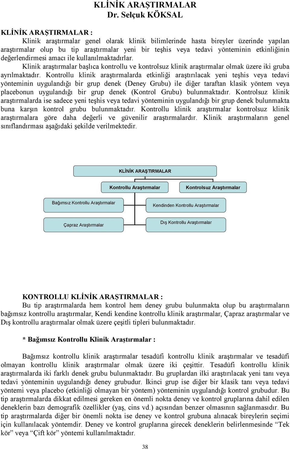 etkinliğinin değerlendirmesi amacı ile kullanılmaktadırlar. Klinik araştırmalar başlıca kontrollu ve kontrolsuz klinik araştırmalar olmak üzere iki gruba ayrılmaktadır.