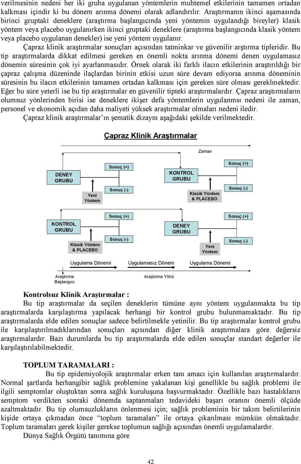 başlangıcında klasik yöntem veya placebo uygulanan denekler) ise yeni yöntem uygulanır. Çapraz klinik araştırmalar sonuçları açısından tatminkar ve güvenilir arştırma tipleridir.