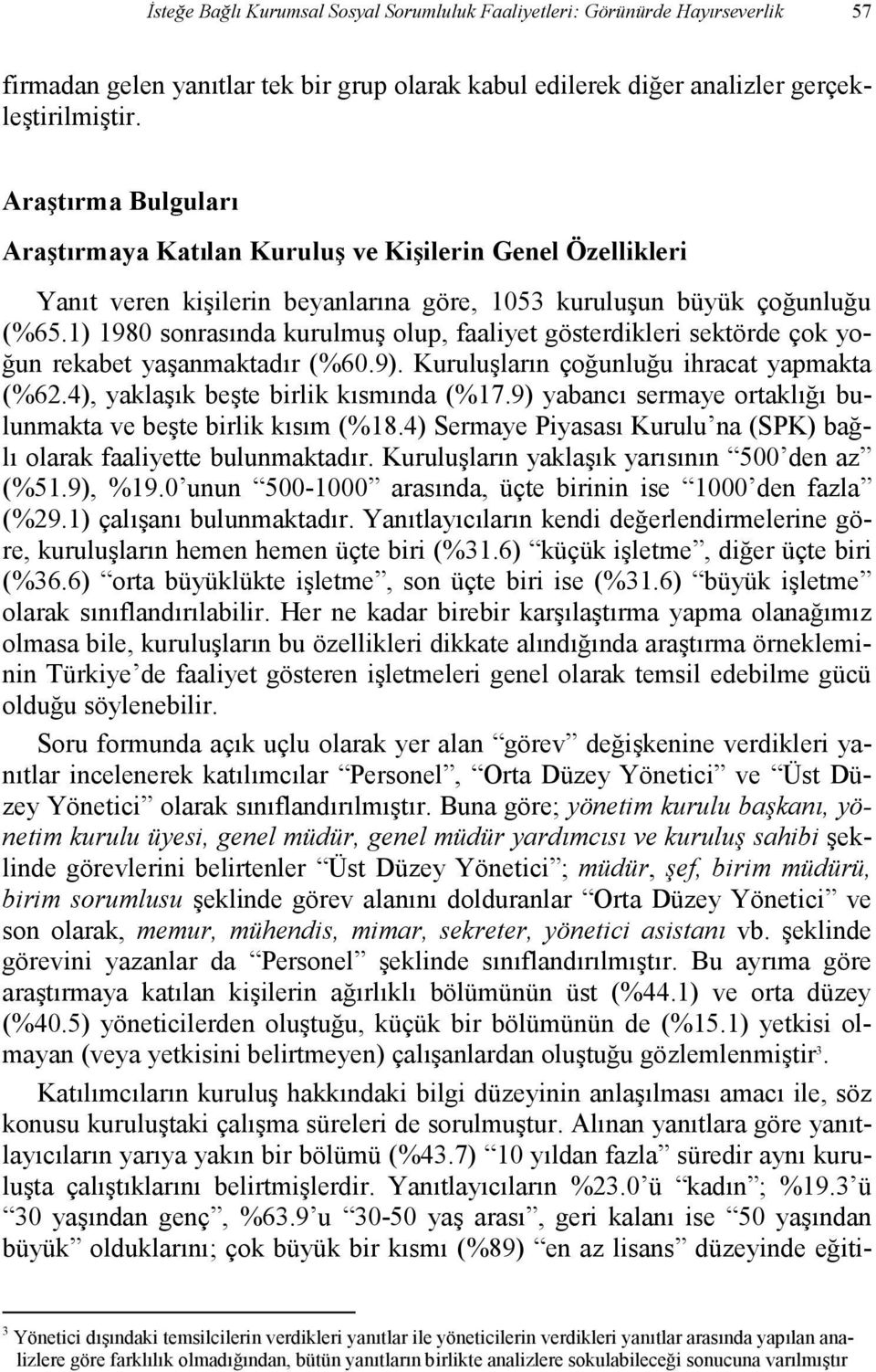 1) 1980 sonrasında kurulmuş olup, faaliyet gösterdikleri sektörde çok yoğun rekabet yaşanmaktadır (%60.9). Kuruluşların çoğunluğu ihracat yapmakta (%62.4), yaklaşık beşte birlik kısmında (%17.