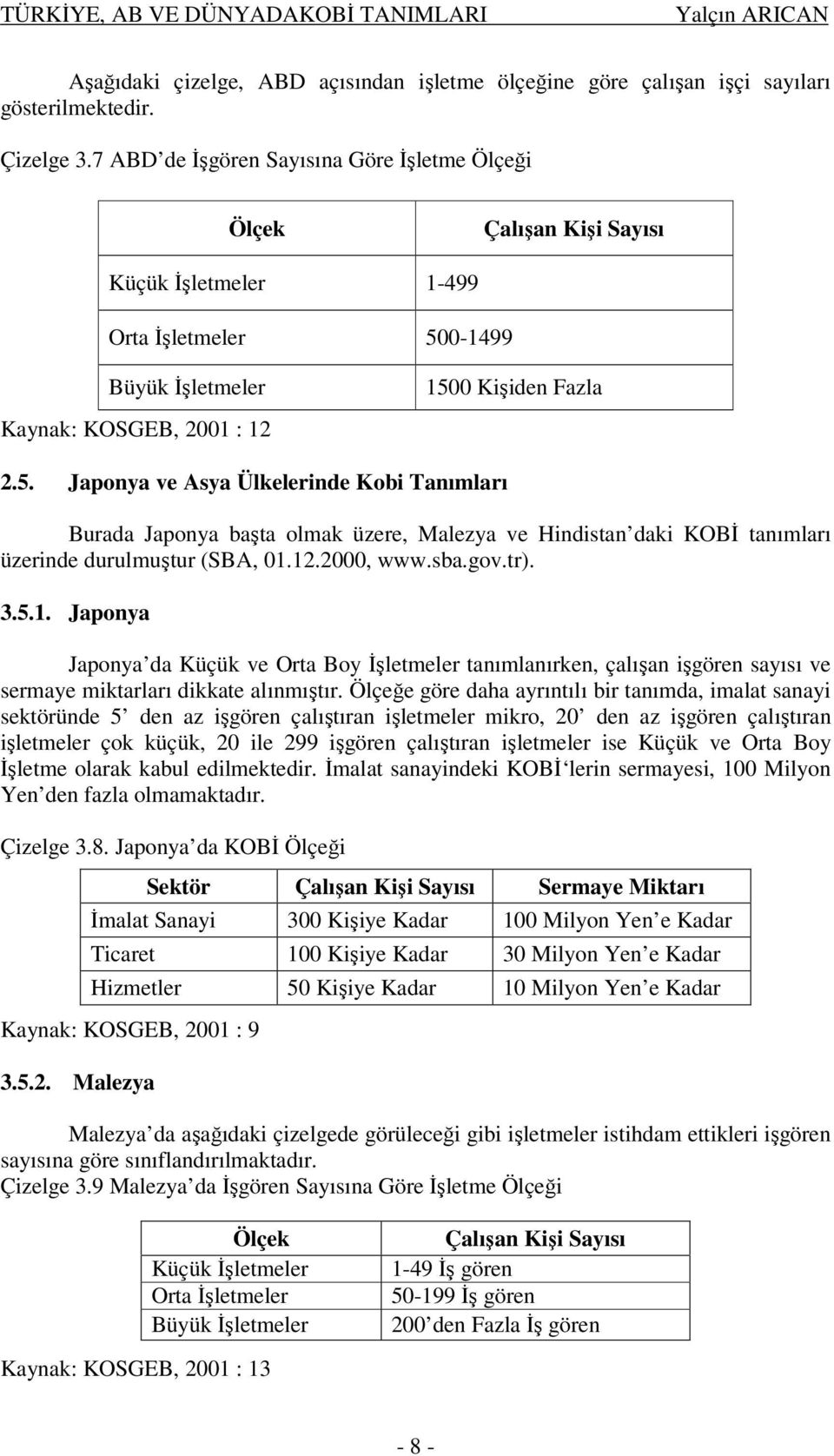 0-1499 Büyük İşletmeler Kaynak: KOSGEB, 2001 : 12 150