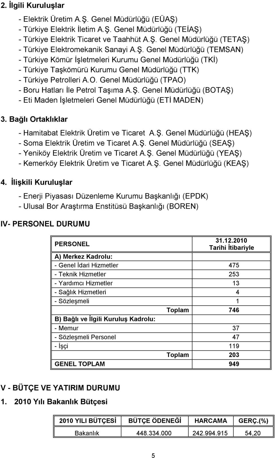 Genel Müdürlüğü (TPAO) - Boru Hatları İle Petrol Taşıma A.Ş. Genel Müdürlüğü (BOTAŞ) - Eti Maden İşletmeleri Genel Müdürlüğü (ETİ MADEN) 3. Bağlı Ortaklıklar - Hamitabat Elektrik Üretim ve Ticaret A.