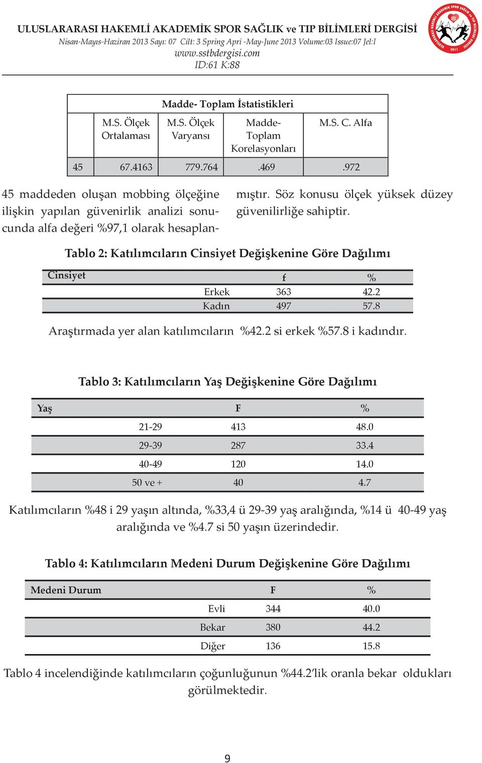 Tablo 2: Katılımcıların Cinsiyet Değişkenine Göre Dağılımı Cinsiyet f % Erkek 363 42.2 Kadın 497 57.8 Araştırmada yer alan katılımcıların %42.2 si erkek %57.8 i kadındır.