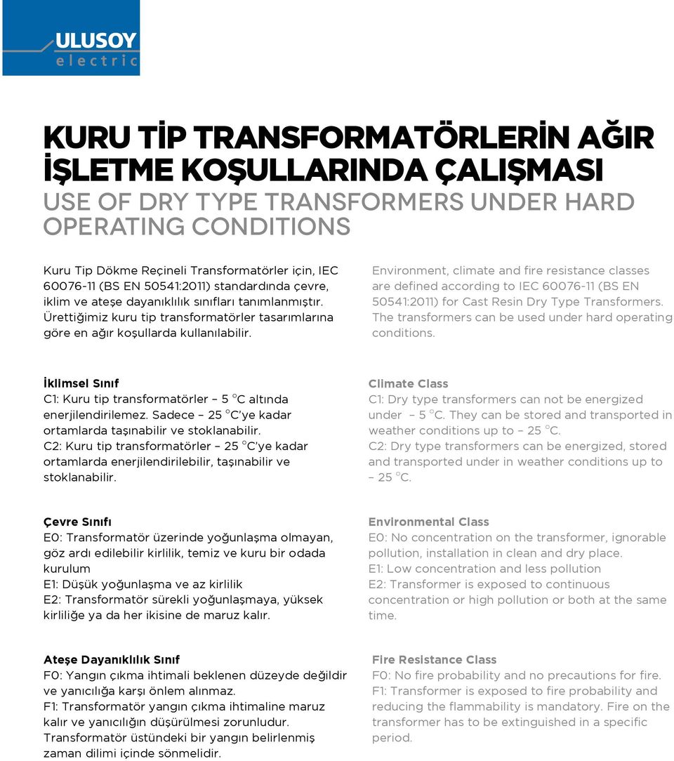 Environment, climate and fire resistance classes are defined according to IEC 007-11 (BS EN 541:2011) for Cast Resin Dry Type Transformers.