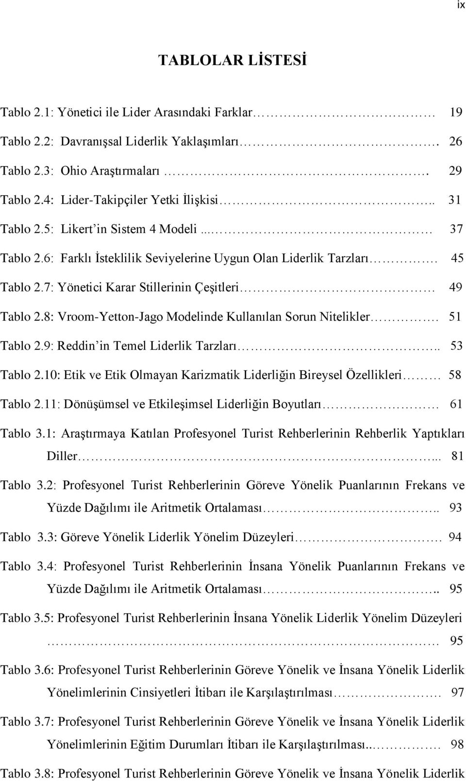 8: Vroom-Yetton-Jago Modelinde Kullanılan Sorun Nitelikler. 51 Tablo 2.9: Reddin in Temel Liderlik Tarzları.. 53 Tablo 2.10: Etik ve Etik Olmayan Karizmatik Liderliğin Bireysel Özellikleri 58 Tablo 2.