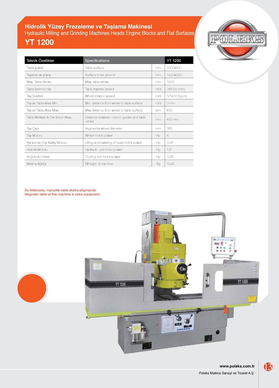 table stroke mm 1200 Tabla İlerleme Hızı Table traverse speed m/d 0/8000 (min) Taş Devirleri Wheel rotation speed m/d 1/1400 (r.p.m) Taş ve Tabla Arası Min.