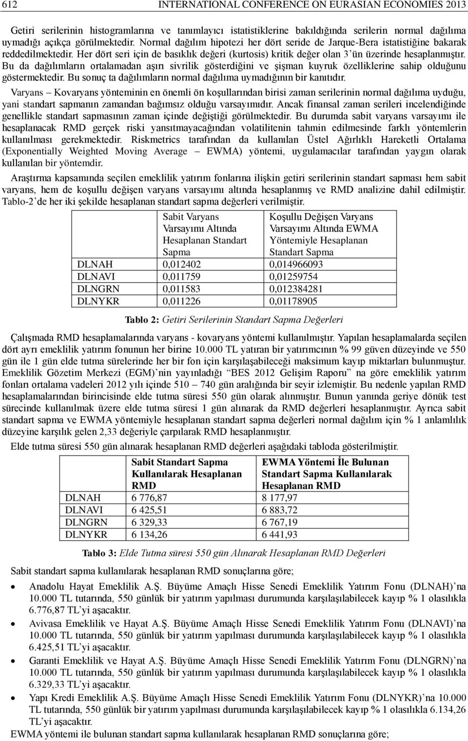 Bu da dağılımların ortalamadan aşırı sivrilik gösterdiğini ve şişman kuyruk özelliklerine sahip olduğunu göstermektedir. Bu sonuç ta dağılımların normal dağılıma uymadığının bir kanıtıdır.