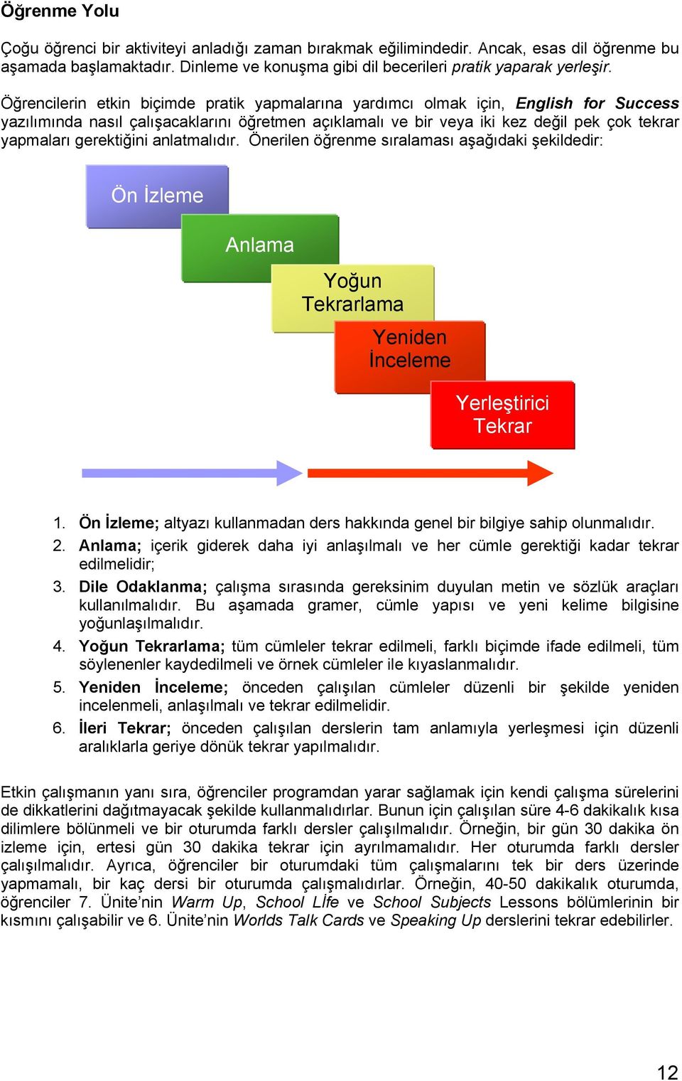 gerektiğini anlatmalıdır. Önerilen öğrenme sıralaması aşağıdaki şekildedir: Ön İzleme Anlama Yoğun Tekrarlama Yeniden İnceleme Yerleştirici Tekrar 1.