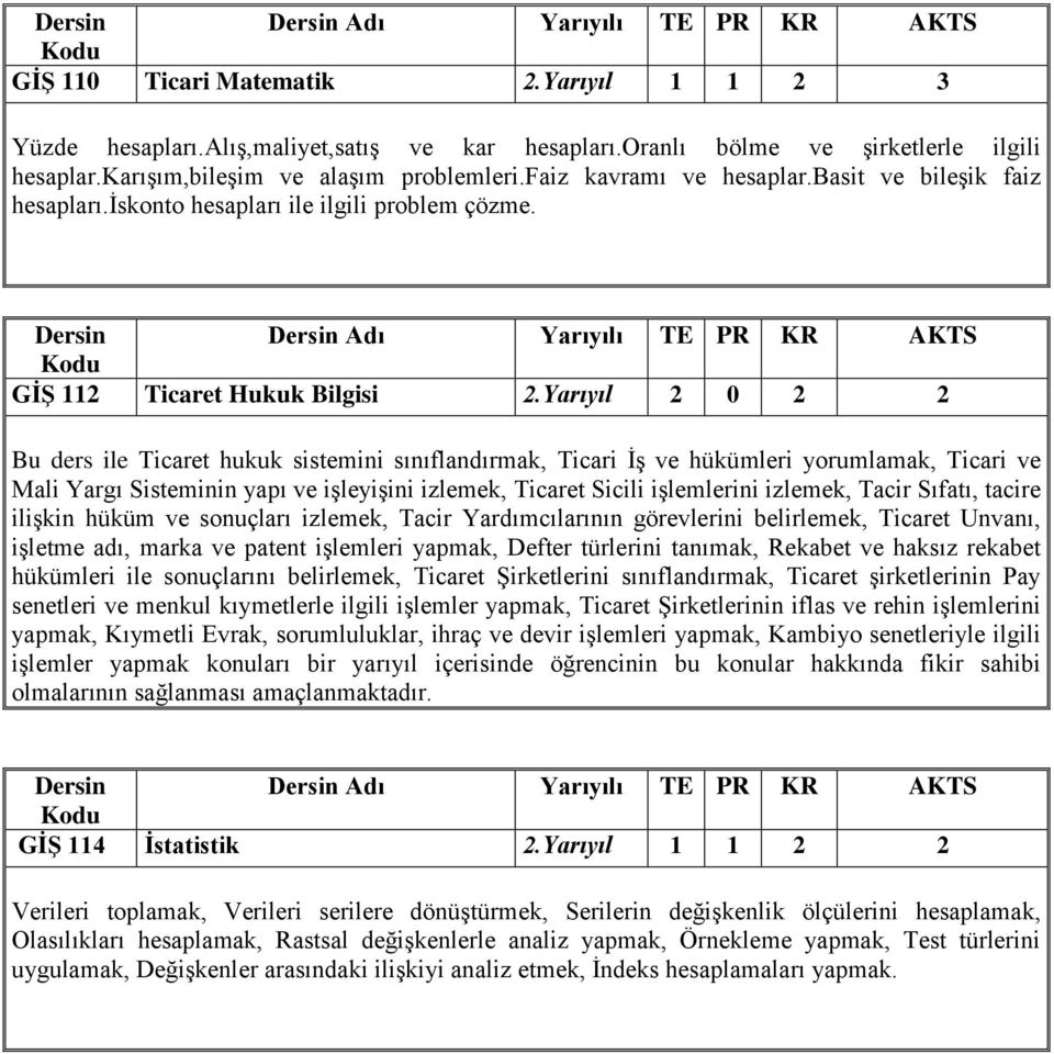 Yarıyıl 2 0 2 2 Bu ders ile Ticaret hukuk sistemini sınıflandırmak, Ticari İş ve hükümleri yorumlamak, Ticari ve Mali Yargı Sisteminin yapı ve işleyişini izlemek, Ticaret Sicili işlemlerini izlemek,