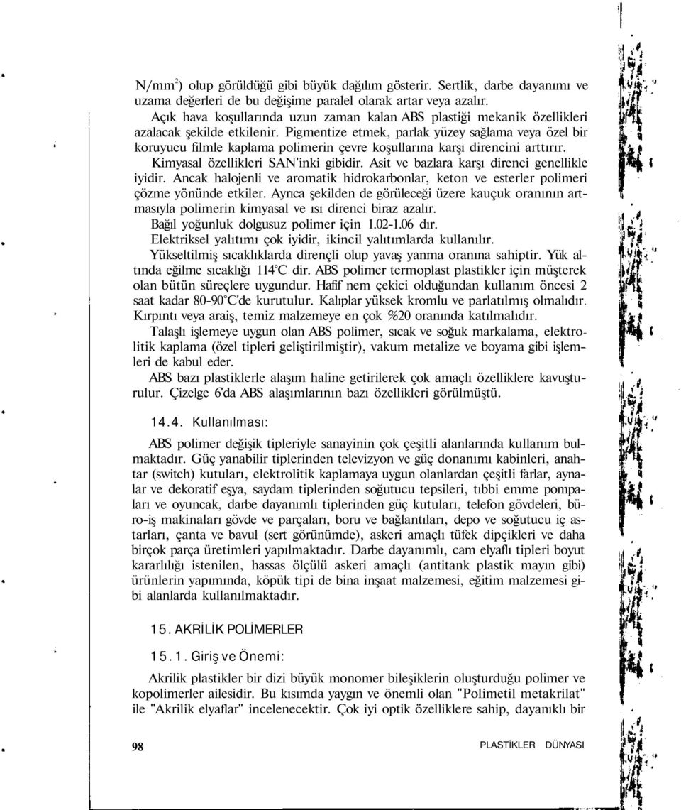 Pigmentize etmek, parlak yüzey sağlama veya özel bir koruyucu filmle kaplama polimerin çevre koşullarına karşı direncini arttırır. Kimyasal özellikleri SAN'inki gibidir.