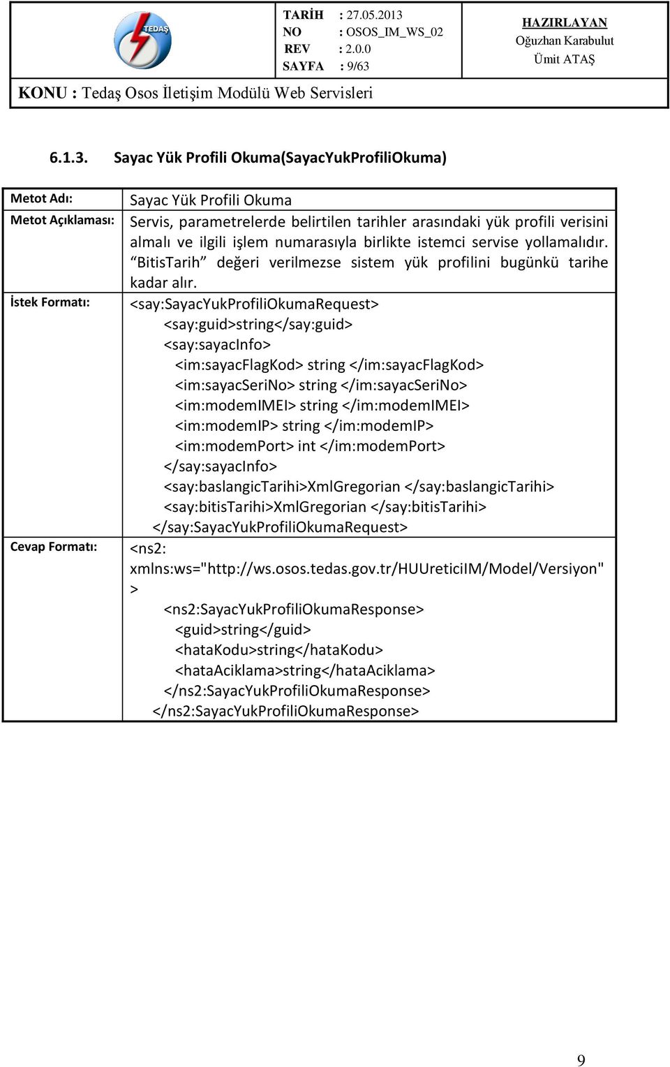 Sayac Yük Profili Okuma(SayacYukProfiliOkuma) İstek Formatı: Cevap Formatı: Sayac Yük Profili Okuma Servis, parametrelerde belirtilen tarihler arasındaki yük profili verisini almalı ve ilgili işlem