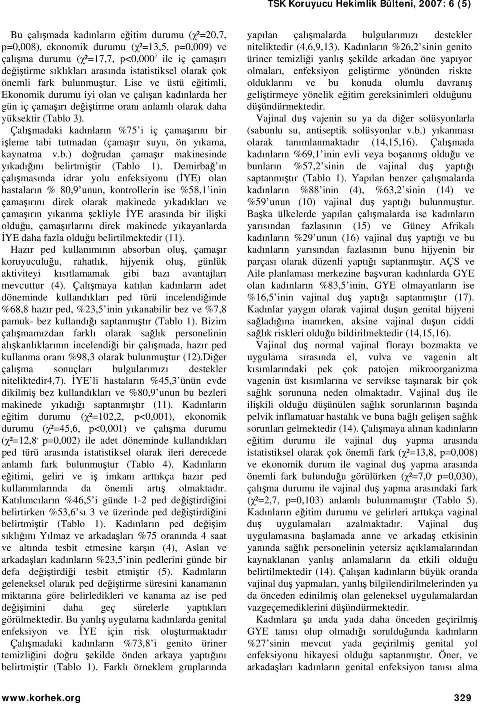 Çalışmadaki kadınların % i iç çamaşırını bir işleme tabi tutmadan (çamaşır suyu, ön yıkama, kaynatma v.b.) doğrudan çamaşır makinesinde yıkadığını belirtmiştir (Tablo 1).