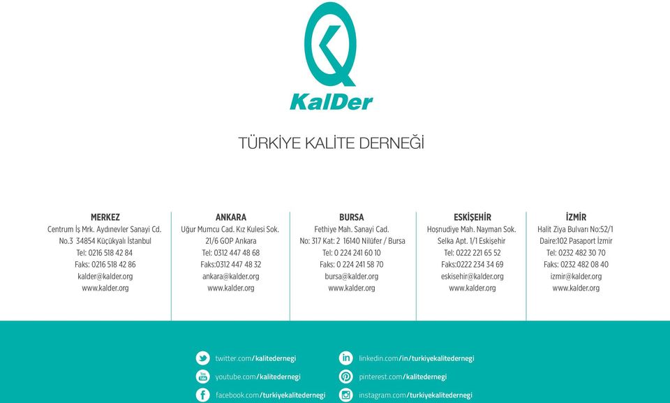 No: 317 Kat: 2 16140 Nilüfer / Bursa Tel: 0 224 241 60 10 Faks: 0 224 241 58 70 bursa@kalder.org www.kalder.org ESKİŞEHİR Hoşnudiye Mah. Nayman Sok. Selka Apt.