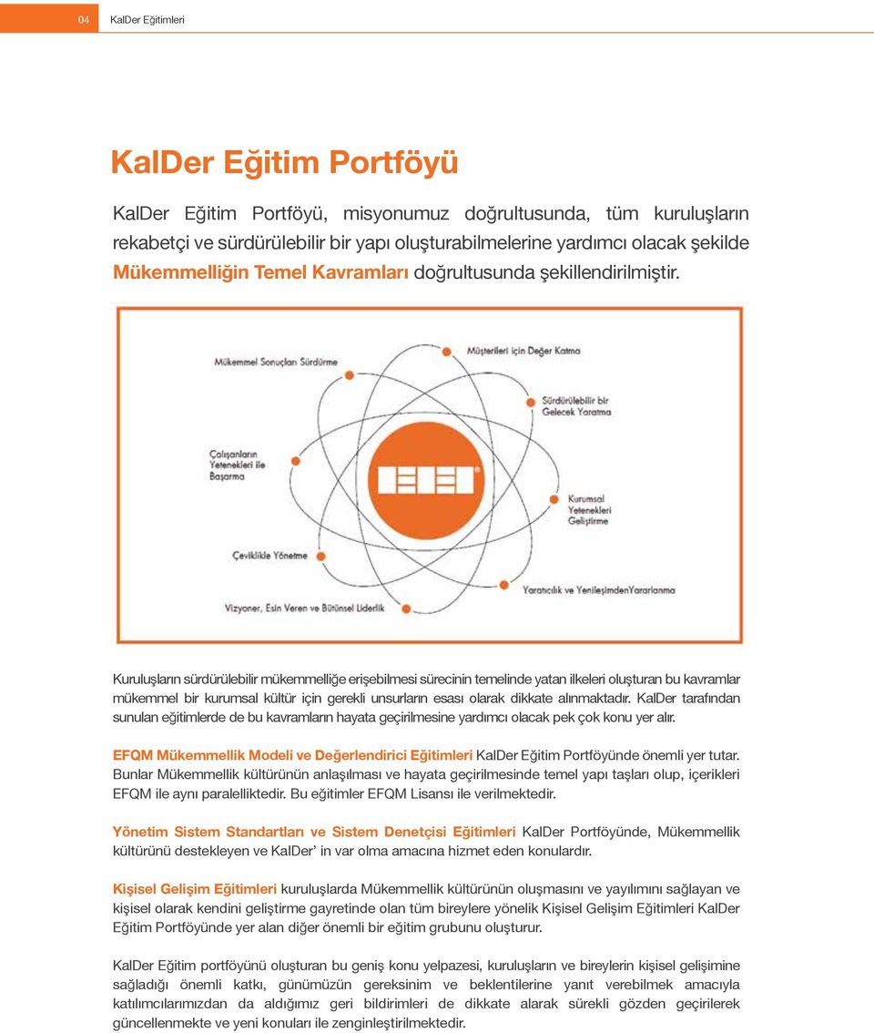 Kuruluşların sürdürülebilir mükemmelliğe erişebilmesi sürecinin temelinde yatan ilkeleri oluşturan bu kavramlar mükemmel bir kurumsal kültür için gerekli unsurların esası olarak dikkate alınmaktadır.