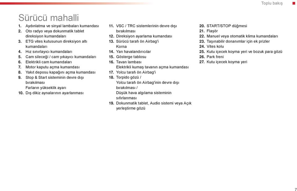 Stop & Start sisteminin devre dışı bırakılması Farların yükseklik ayarı 10. Dış dikiz aynalarının ayarlanması 11. VSC / TRC sistemlerinin devre dışı bırakılması 12. Direksiyon ayarlama kumandası 13.