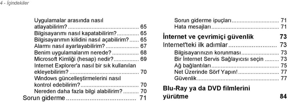 ... 70 Windows güncelleştirmelerini nasıl kontrol edebilirim?... 70 Nereden daha fazla bilgi alabilirim?... 70 Sorun giderme... 71 Sorun giderme ipuçları... 71 Hata mesajları.