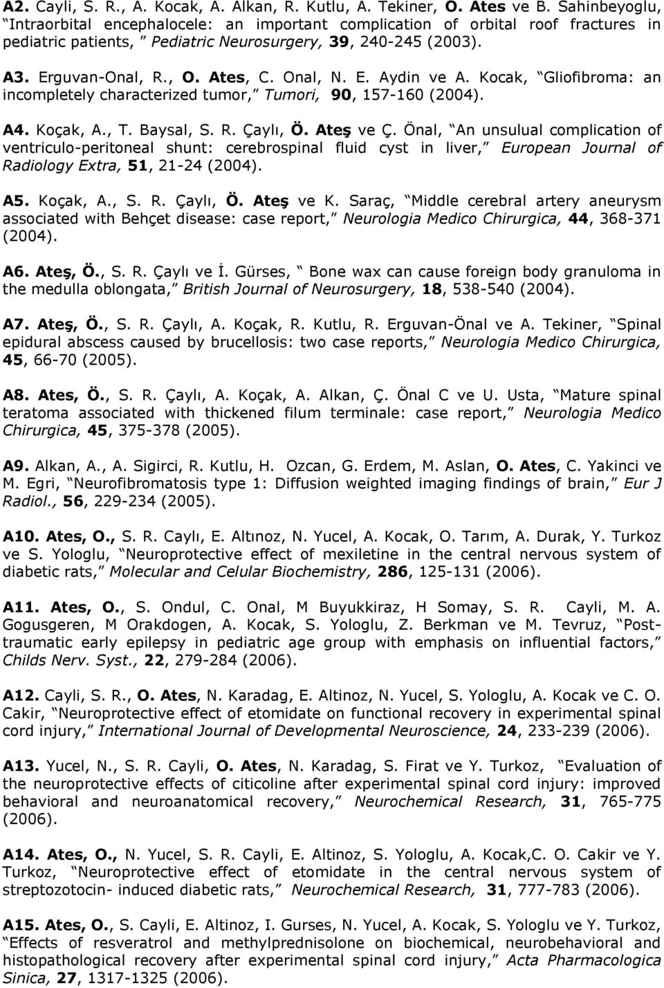 Onal, N. E. Aydin ve A. Kocak, Gliofibroma: an incompletely characterized tumor, Tumori, 90, 57-60 (200). A. Koçak, A., T. Baysal, S. R. Çaylı, Ö. Ateş ve Ç.