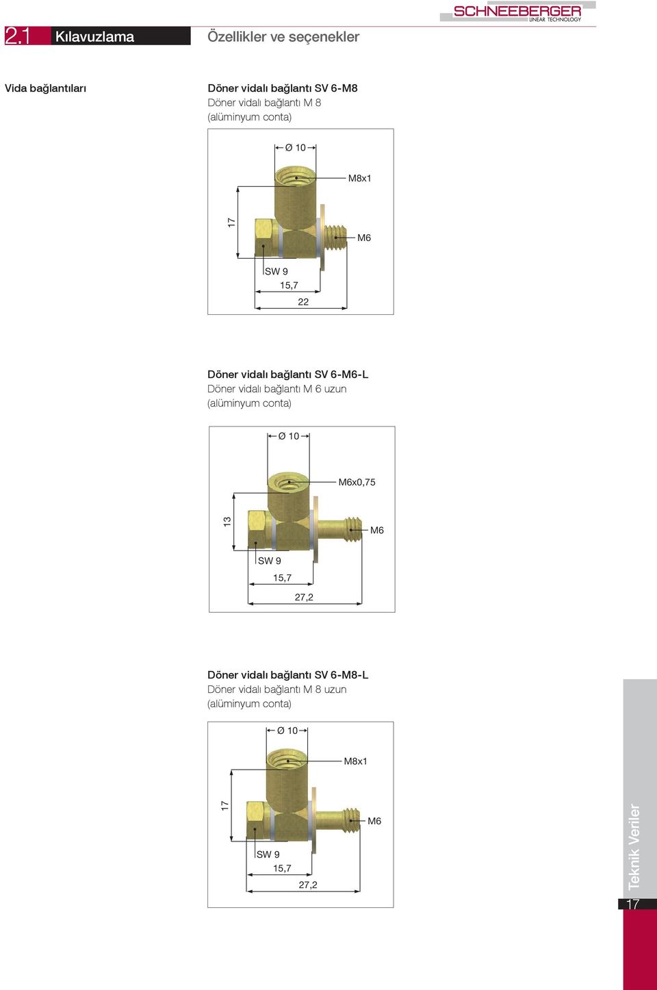 M8x1 17 M6 SW 9 15,7 22 Döner vidalı bağlantı SV 6M6L Döner vidalı bağlantı M 6 uzun (alüminyum