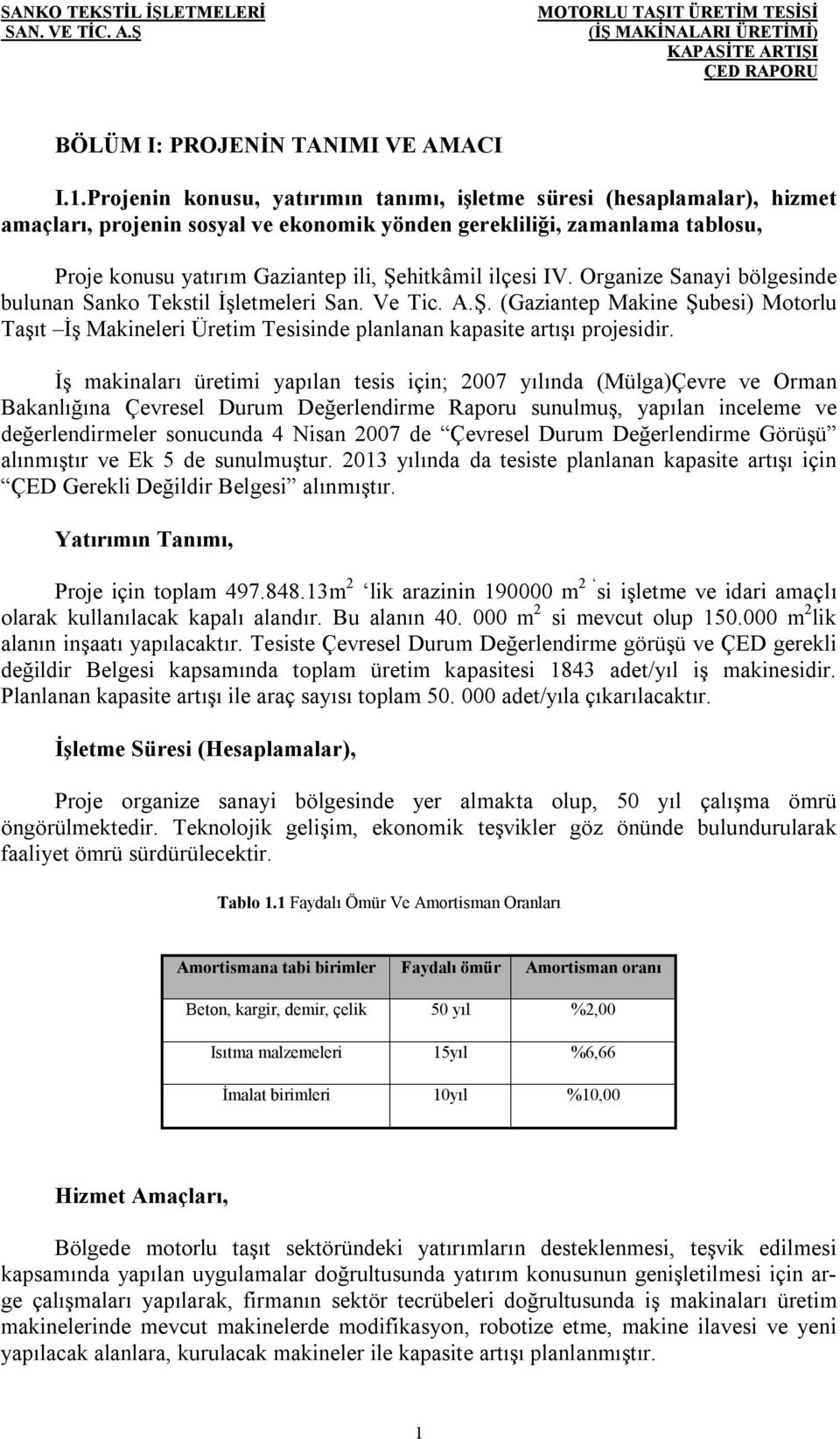 ilçesi IV. Organize Sanayi bölgesinde bulunan Sanko Tekstil İşletmeleri San. Ve Tic. A.Ş. (Gaziantep Makine Şubesi) Motorlu Taşıt İş Makineleri Üretim Tesisinde planlanan kapasite artışı projesidir.