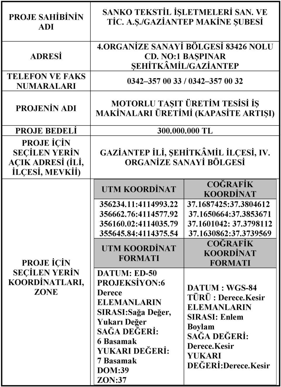 000 TL GAZİANTEP İLİ, ŞEHİTKÂMİL İLÇESİ, IV. ORGANİZE SANAYİ BÖLGESİ UTM KOORDİNAT 356234.11:4114993.22 356662.76:4114577.92 356160.02:4114035.79 355645.84:4114375.