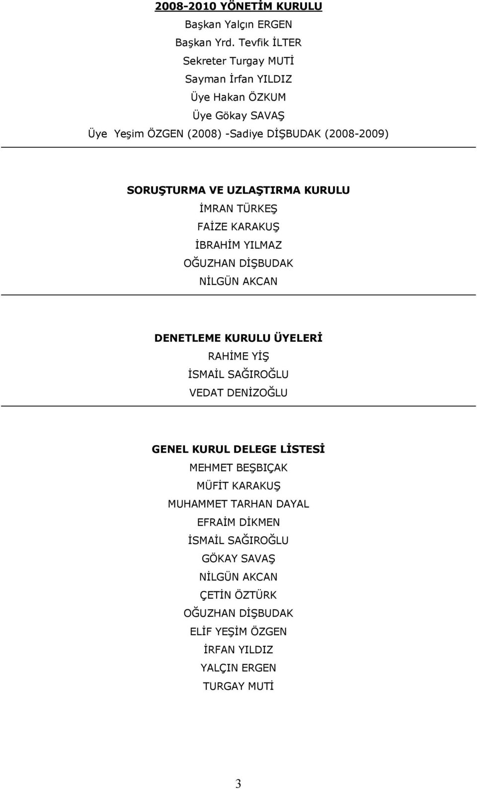 SORUŞTURMA VE UZLAŞTIRMA KURULU İMRAN TÜRKEŞ FAİZE KARAKUŞ İBRAHİM YILMAZ OĞUZHAN DİŞBUDAK NİLGÜN AKCAN DENETLEME KURULU ÜYELERİ RAHİME YİŞ İSMAİL