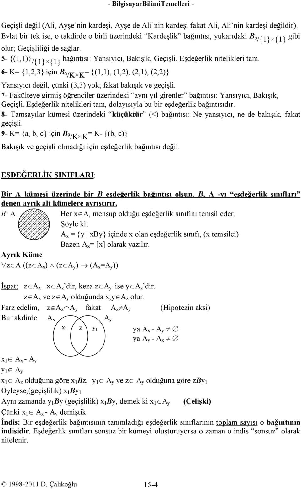 Eşdeğerlik nitelikleri tam. 6- K {1,2,3} için B 6 /K K {(1,1), (1,2), (2,1), (2,2)} Yansıyıcı değil, çünki (3,3) yok; fakat bakışık ve geçişli.