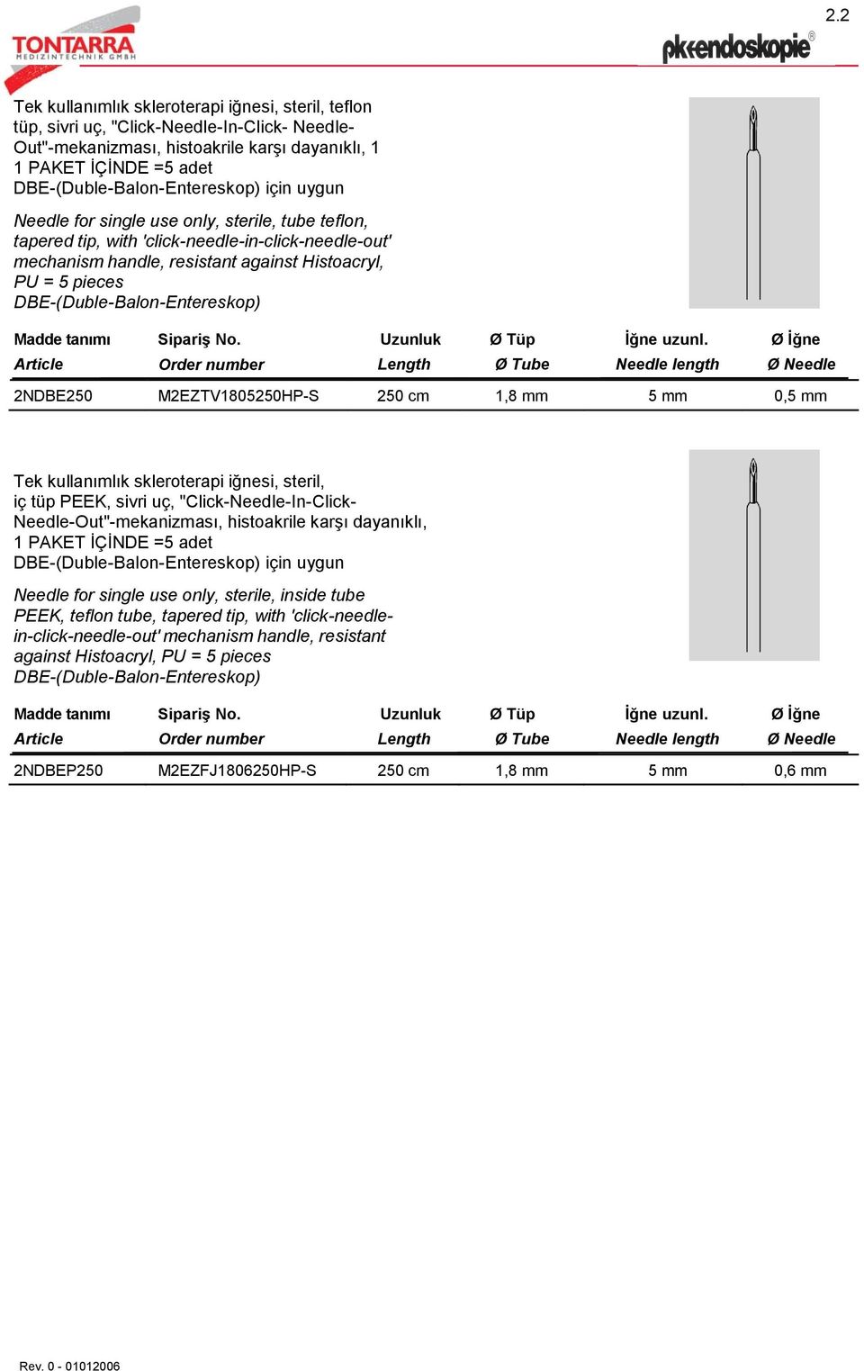pieces DBE-(Duble-Balon-Entereskop) Uzunluk Ø Tüp İğne uzunl.