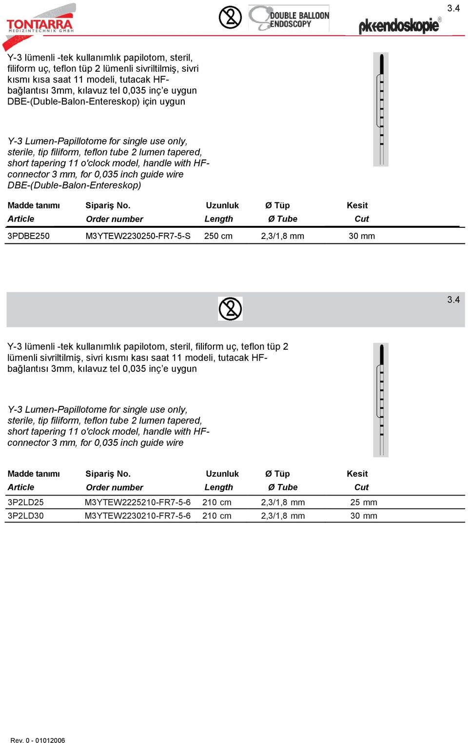 for 0,035 inch guide wire DBE-(Duble-Balon-Entereskop) Uzunluk Ø Tüp Kesit Length Ø Tube Cut 3PDBE250 M3YTEW2230250-FR7-5-S 250 cm 2,3/1,8 mm 30 mm 3.