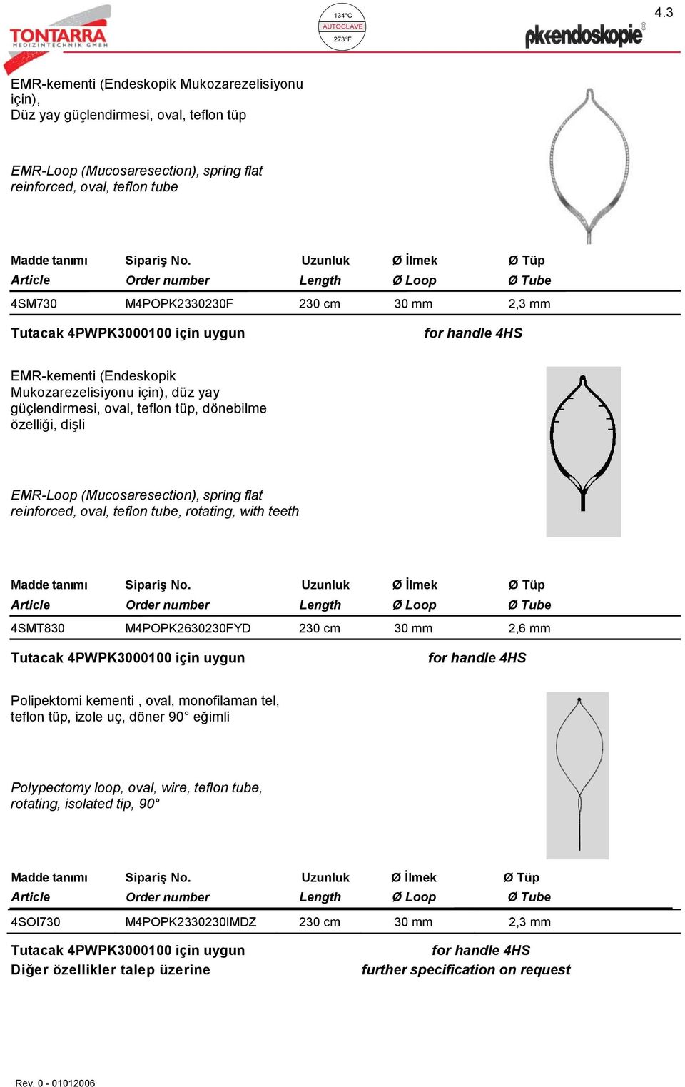 özelliği, dişli EMR-Loop (Mucosaresection), spring flat reinforced, oval, teflon tube, rotating, with teeth Uzunluk Ø İlmek Ø Tüp Length Ø Loop Ø Tube 4SMT830 M4POPK2630230FYD 230 cm 30 mm 2,6 mm