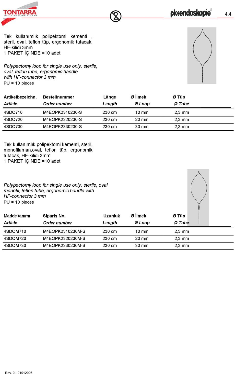 Bestellnummer Länge Ø İlmek Ø Tüp Length Ø Loop Ø Tube 4SDO710 M4EOPK2310230-S 230 cm 10 mm 2,3 mm 4SDO720 M4EOPK2320230-S 230 cm 20 mm 2,3 mm 4SDO730 M4EOPK2330230-S 230 cm 30 mm 2,3 mm Tek