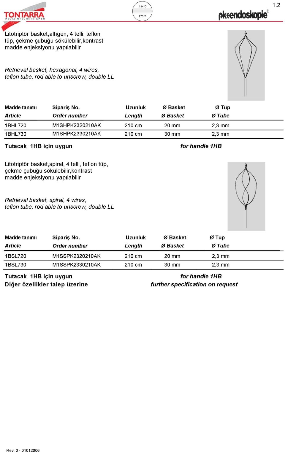 4 telli, teflon tüp, çekme çubuğu sökülebilir,kontrast madde enjeksiyonu yapılabilir Retrieval basket, spiral, 4 wires, teflon tube, rod able to unscrew, double LL Uzunluk Ø Basket Ø Tüp Length Ø