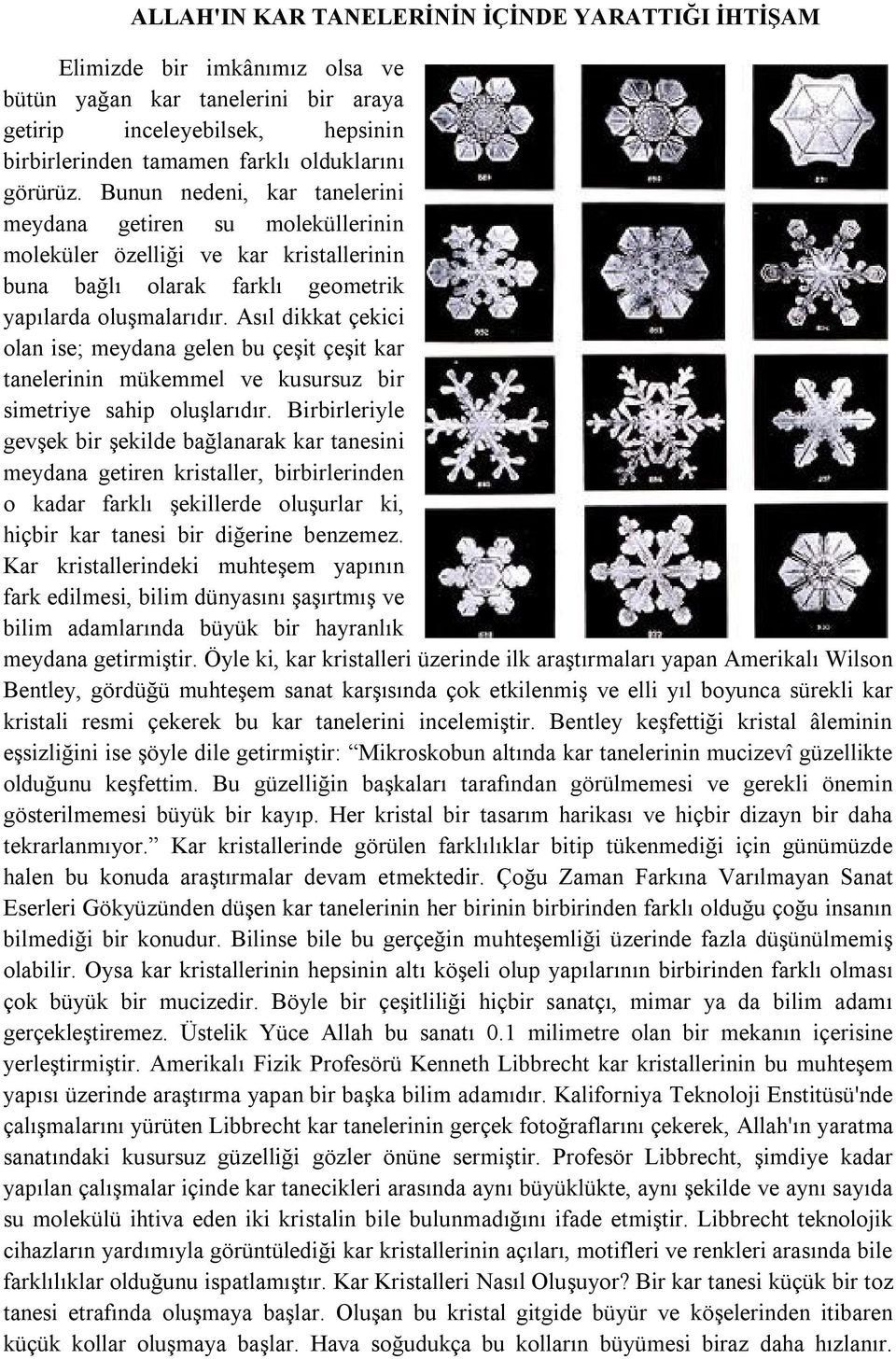 Asıl dikkat çekici olan ise; meydana gelen bu çeşit çeşit kar tanelerinin mükemmel ve kusursuz bir simetriye sahip oluşlarıdır.