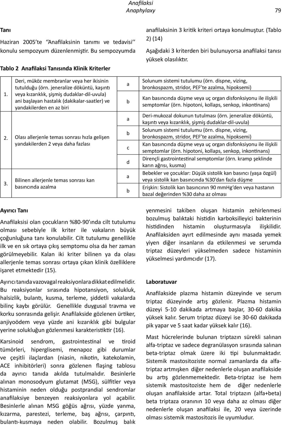 (Tablo 2) (14) Aşağıdaki 3 kriterden biri bulunuyorsa anafilaksi tanısı yüksek olasılıktır. 1. Deri, müköz membranlar veya her ikisinin tutulduğu (örn.