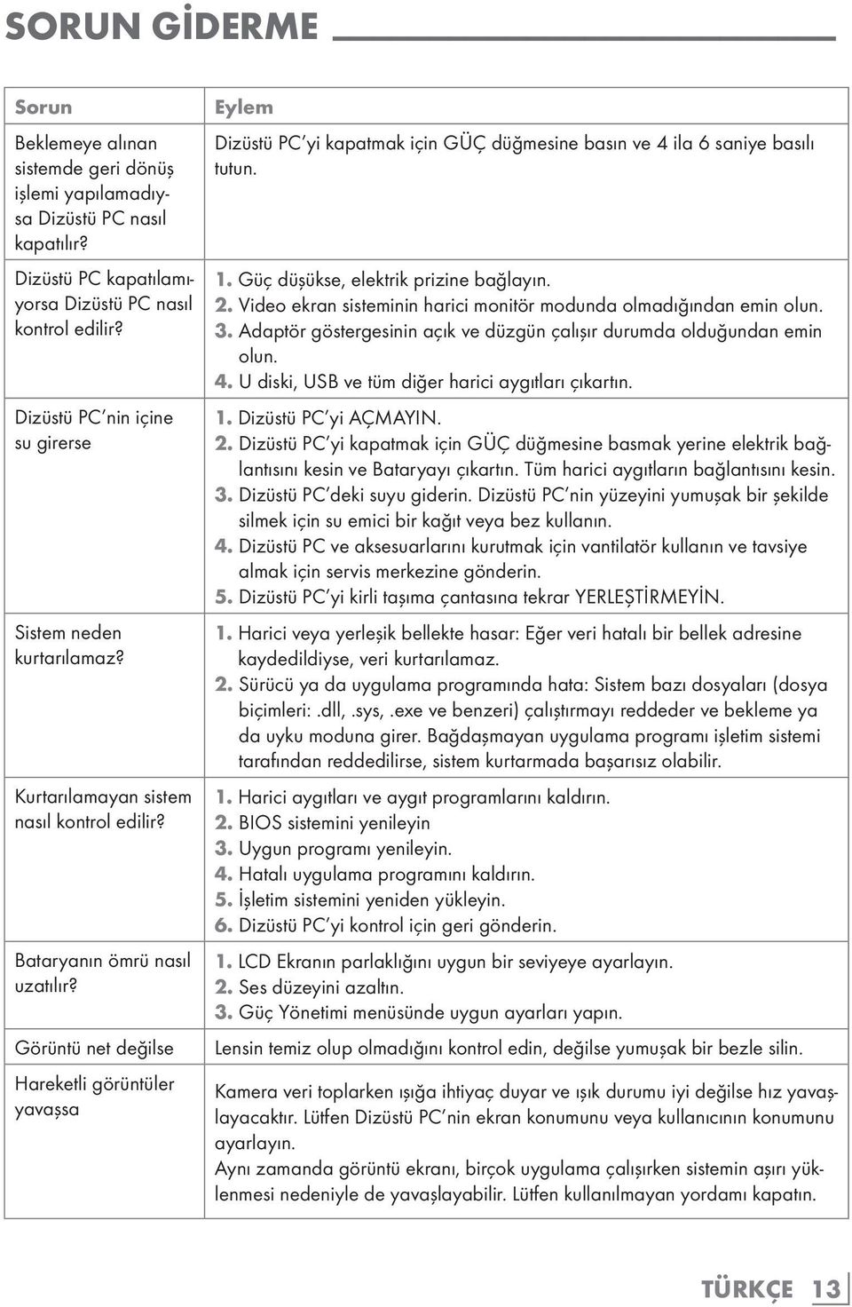 Görüntü net değilse Hareketli görüntüler yavaşsa Eylem Dizüstü PC yi kapatmak için GÜÇ düğmesine basın ve 4 ila 6 saniye basılı tutun. 1. Güç düşükse, elektrik prizine bağlayın. 2.