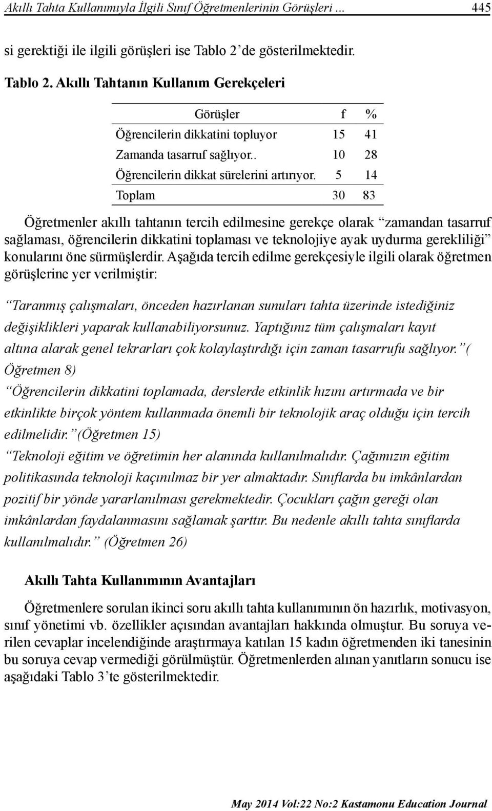 5 14 Toplam 30 83 Öğretmenler akıllı tahtanın tercih edilmesine gerekçe olarak zamandan tasarruf sağlaması, öğrencilerin dikkatini toplaması ve teknolojiye ayak uydurma gerekliliği konularını öne