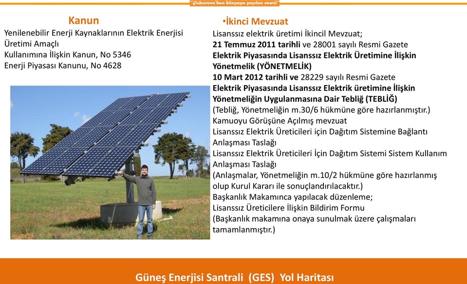 Piyasasında Lisanssız Elektrik üretimine İlişkin Yönetmeliğin Uygulanmasına Dair Tebliğ (TEBLİĞ) (Tebliğ, Yönetmeliğin m.30/6 hükmüne göre hazırlanmıştır.