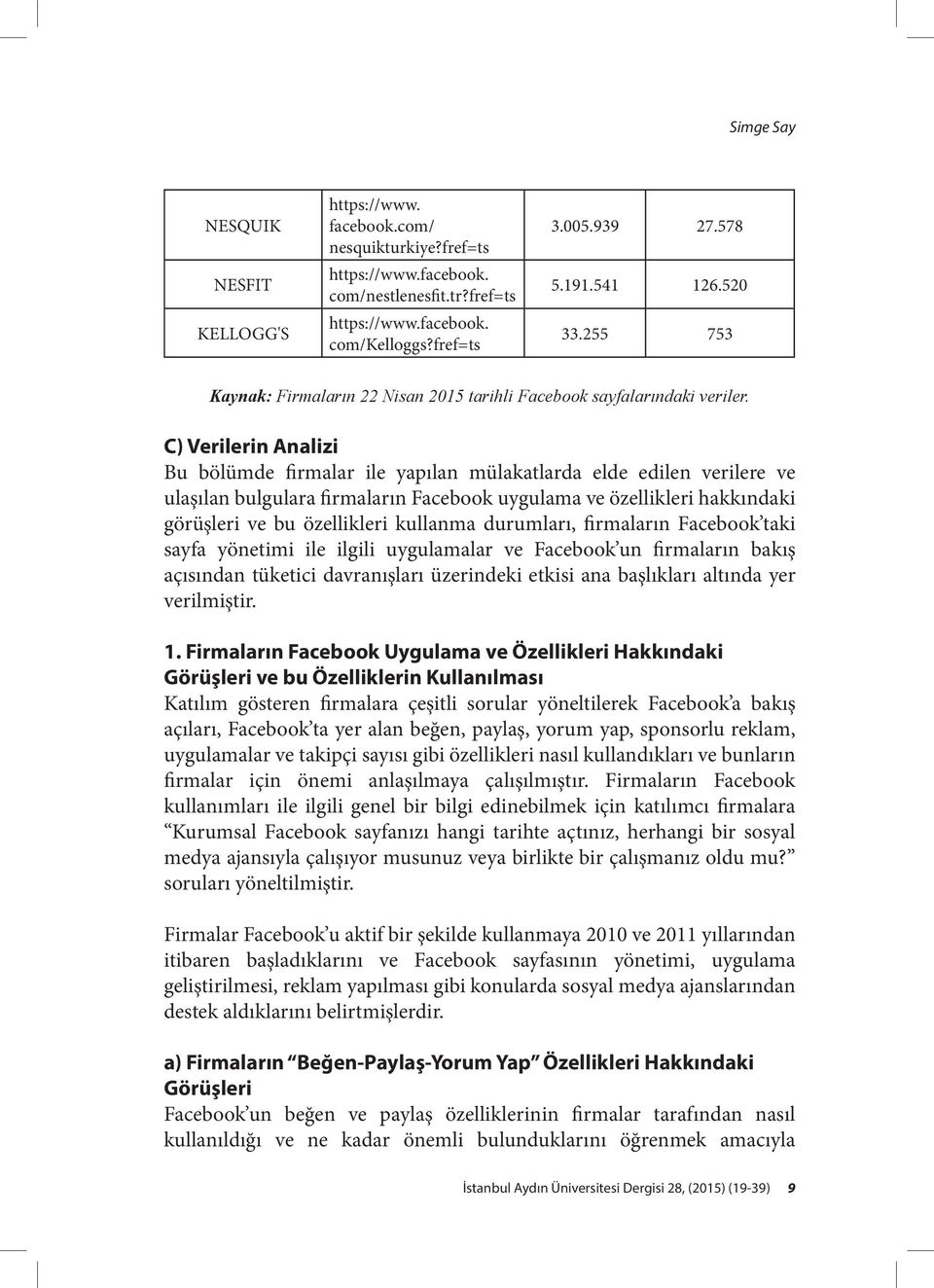 C) Verilerin Analizi Bu bölümde firmalar ile yapılan mülakatlarda elde edilen verilere ve ulaşılan bulgulara firmaların Facebook uygulama ve özellikleri hakkındaki görüşleri ve bu özellikleri