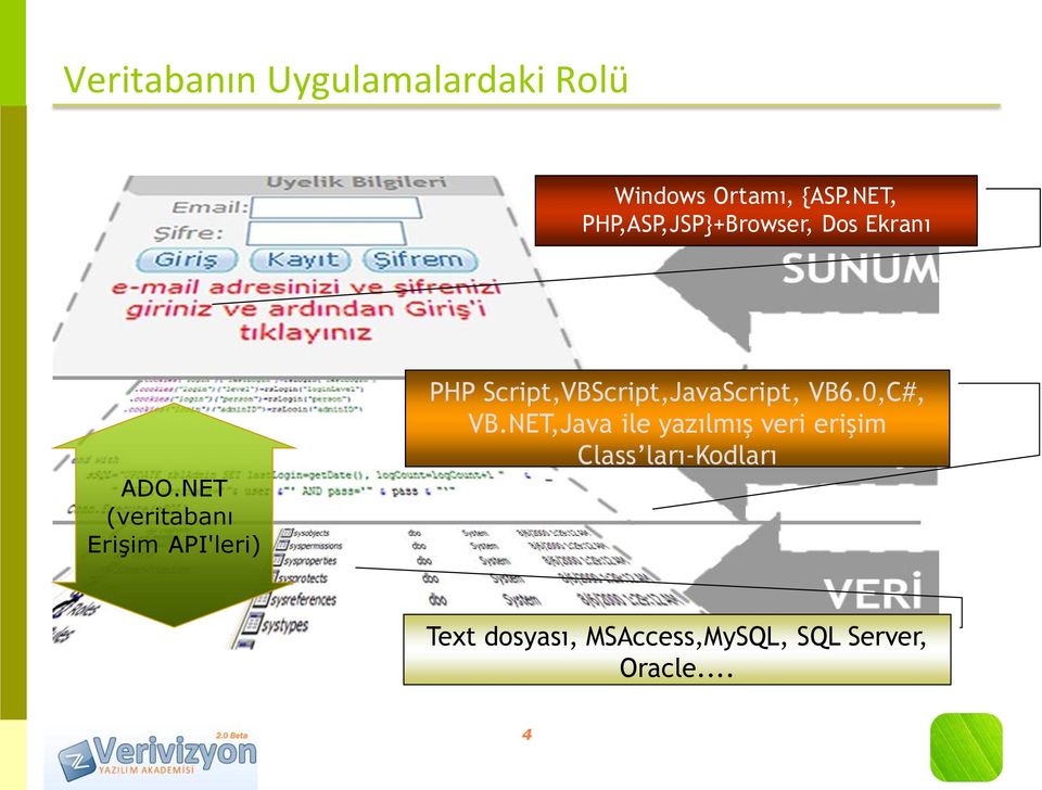 NET (veritabanı Erişim API'leri) PHP Script,VBScript,JavaScript, VB6.