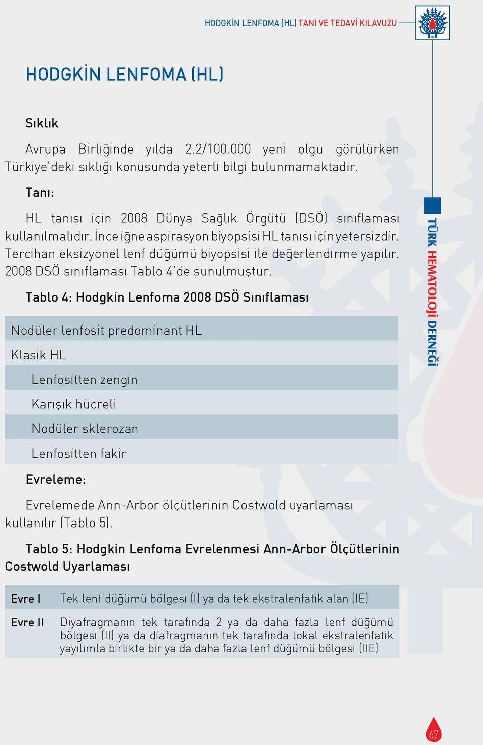 Tercihan eksizyonel lenf düğümü biyopsisi ile değerlendirme yapılır. 2008 DSO sınıflaması Tablo 4 de sunulmuştur.